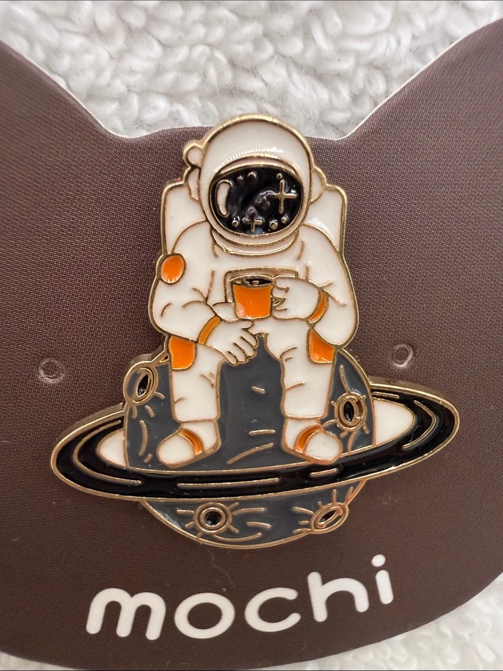 Mochi Astronaut Enamel Brooch Pin - White, Black & Gold toned